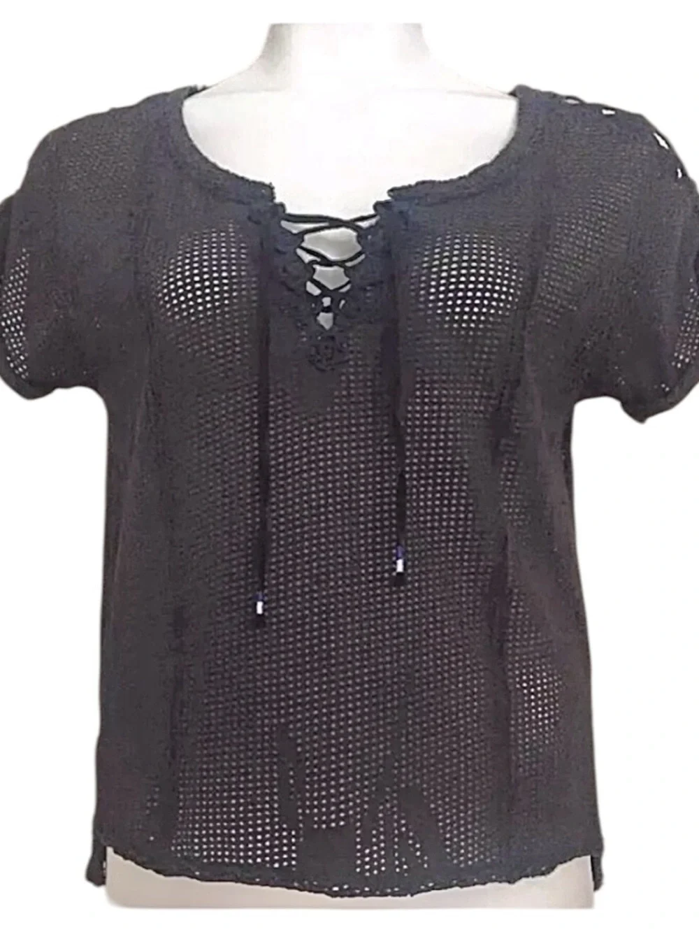 🩶 Free People Charcoal Open Knit Lace-Up Top | Cutout Shoulders & Contrast |Sz S
